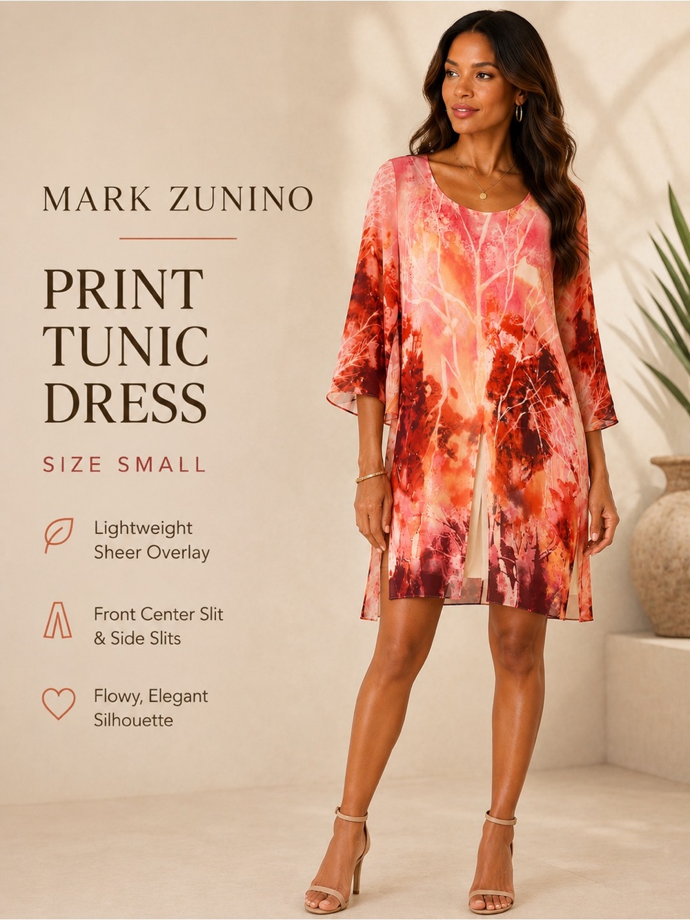 Mark Zunino Abstract Print Sheer Tunic Dress Size Small Pink Orange Slit